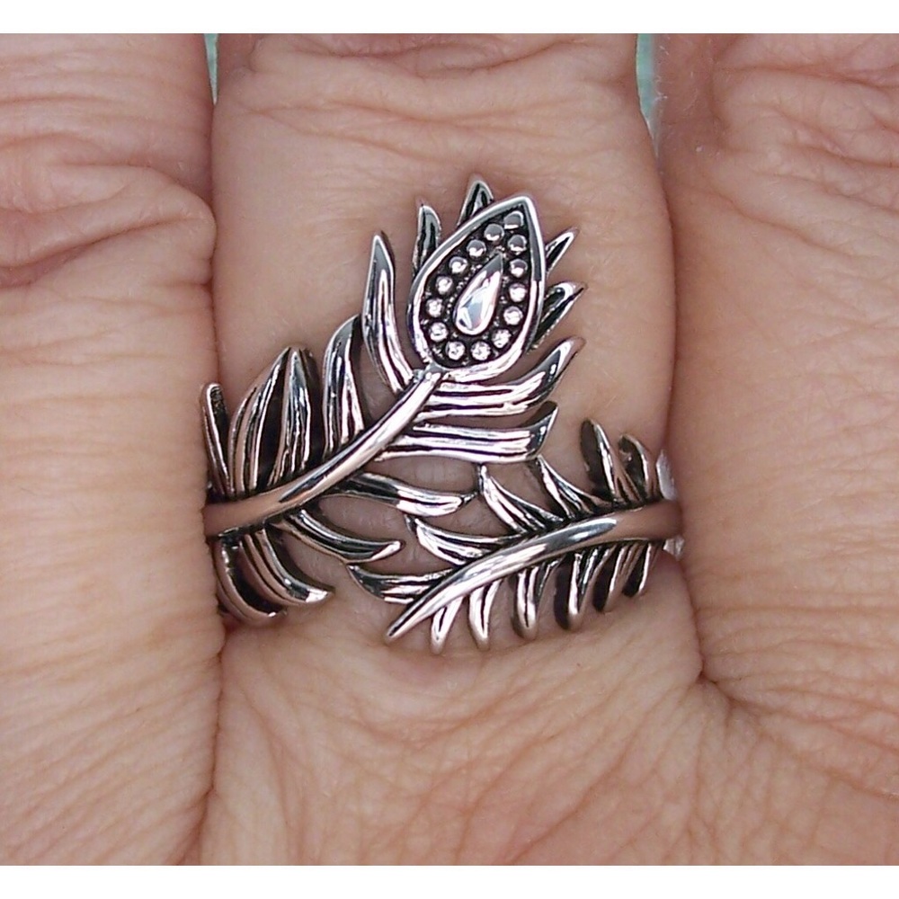 925 STERLING SILVER Peacock Feather Ring - Picture 5 of 16